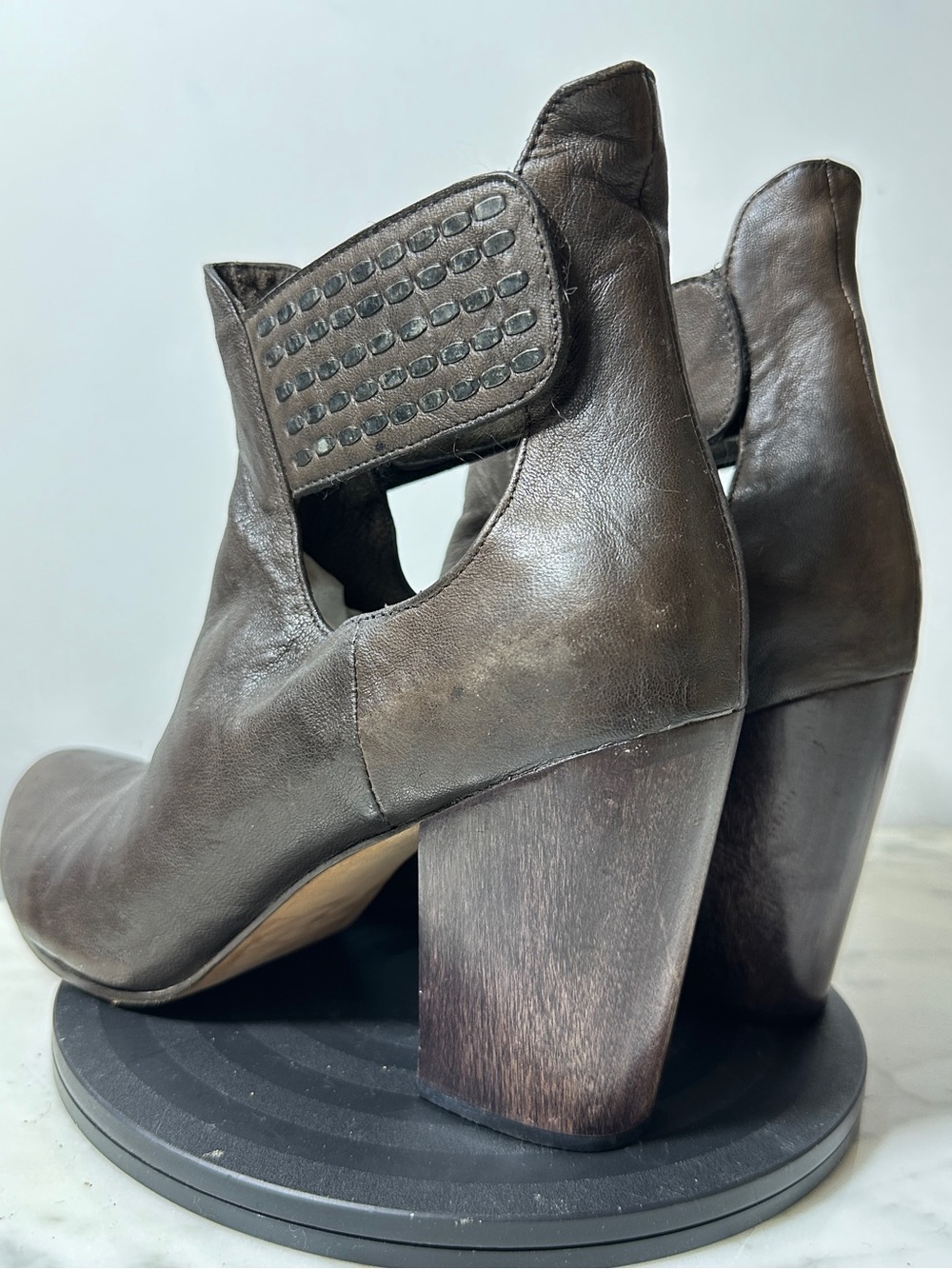 Leather Cutout Ankle Boots with Block Heel - Brown